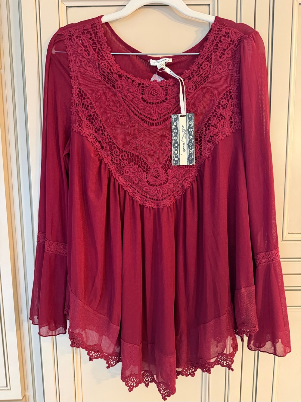 Ultra Pink Bohemian Long Sleeve Crochet Peasant Blouse Top Western Boho Hippie M